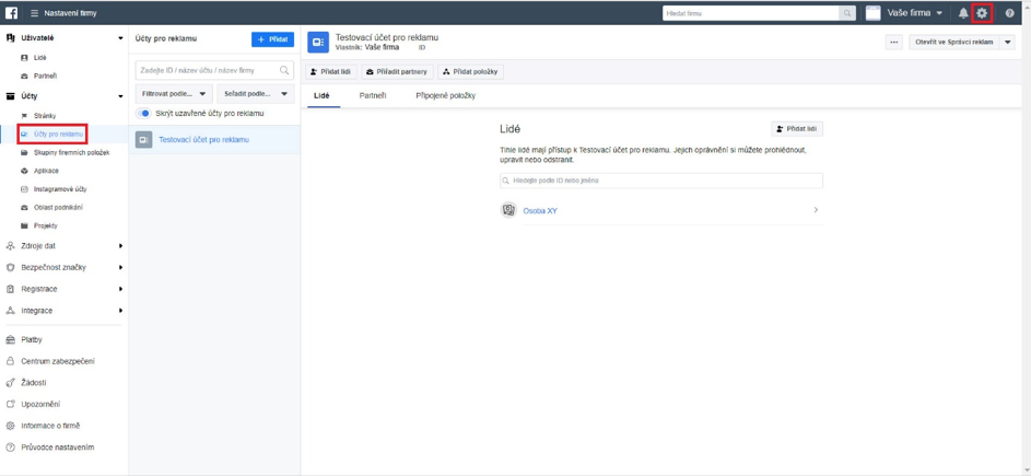 Uživatelské rozhraní Business Managera na Facebooku