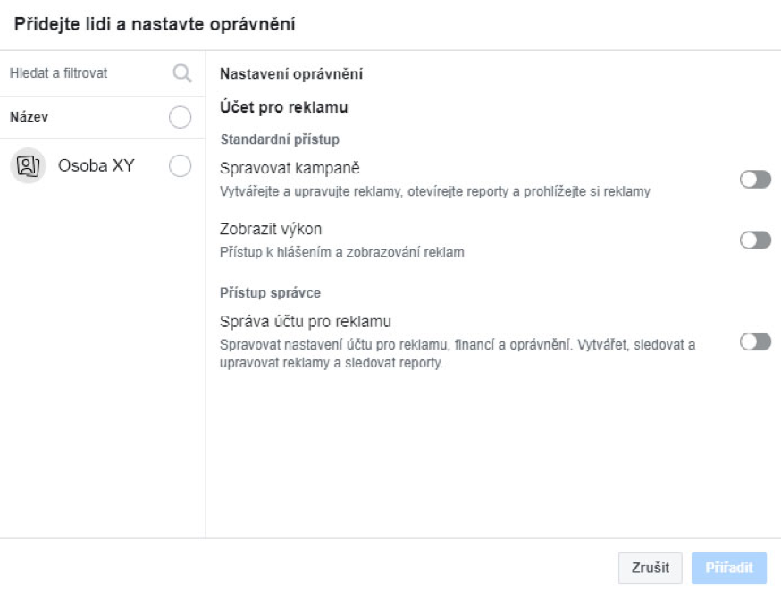 Nastavení oprávnění Business Managera