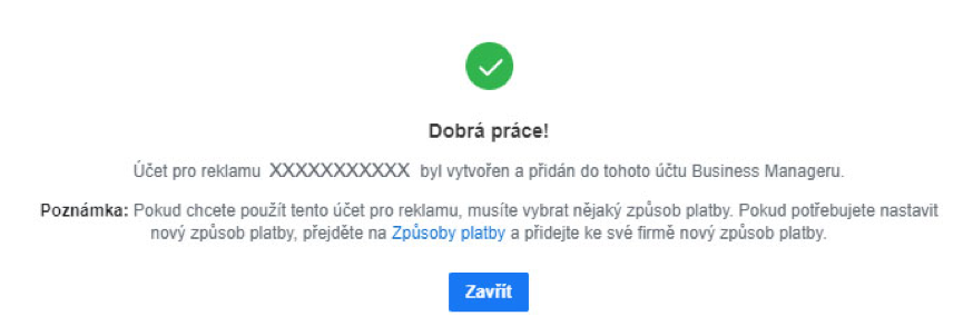 Úspěšné vytvoření účtu